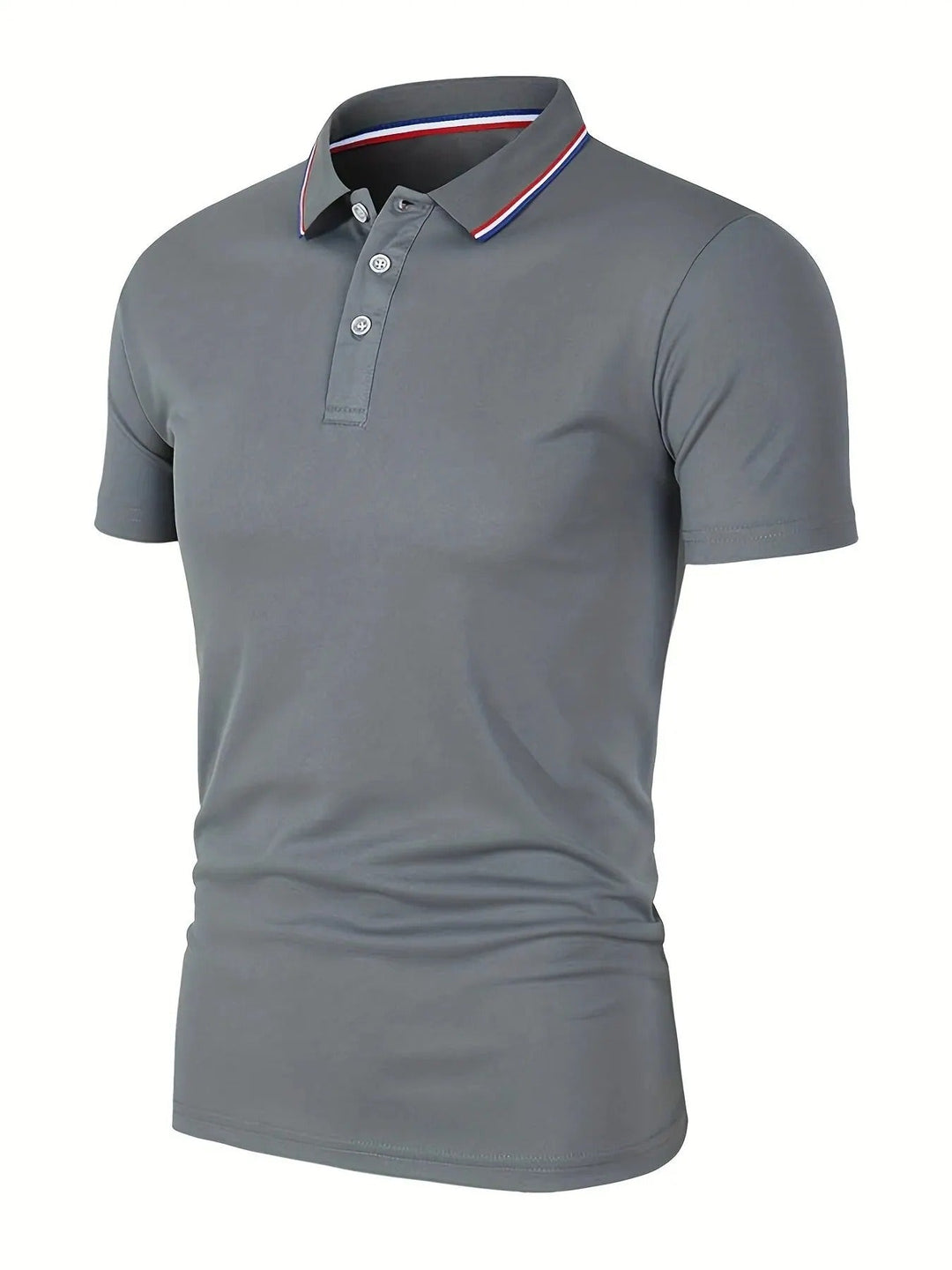 Gray short-sleeve polo shirt shown at an angle, with a three-button placket and a red, white and blue striped collar. 4