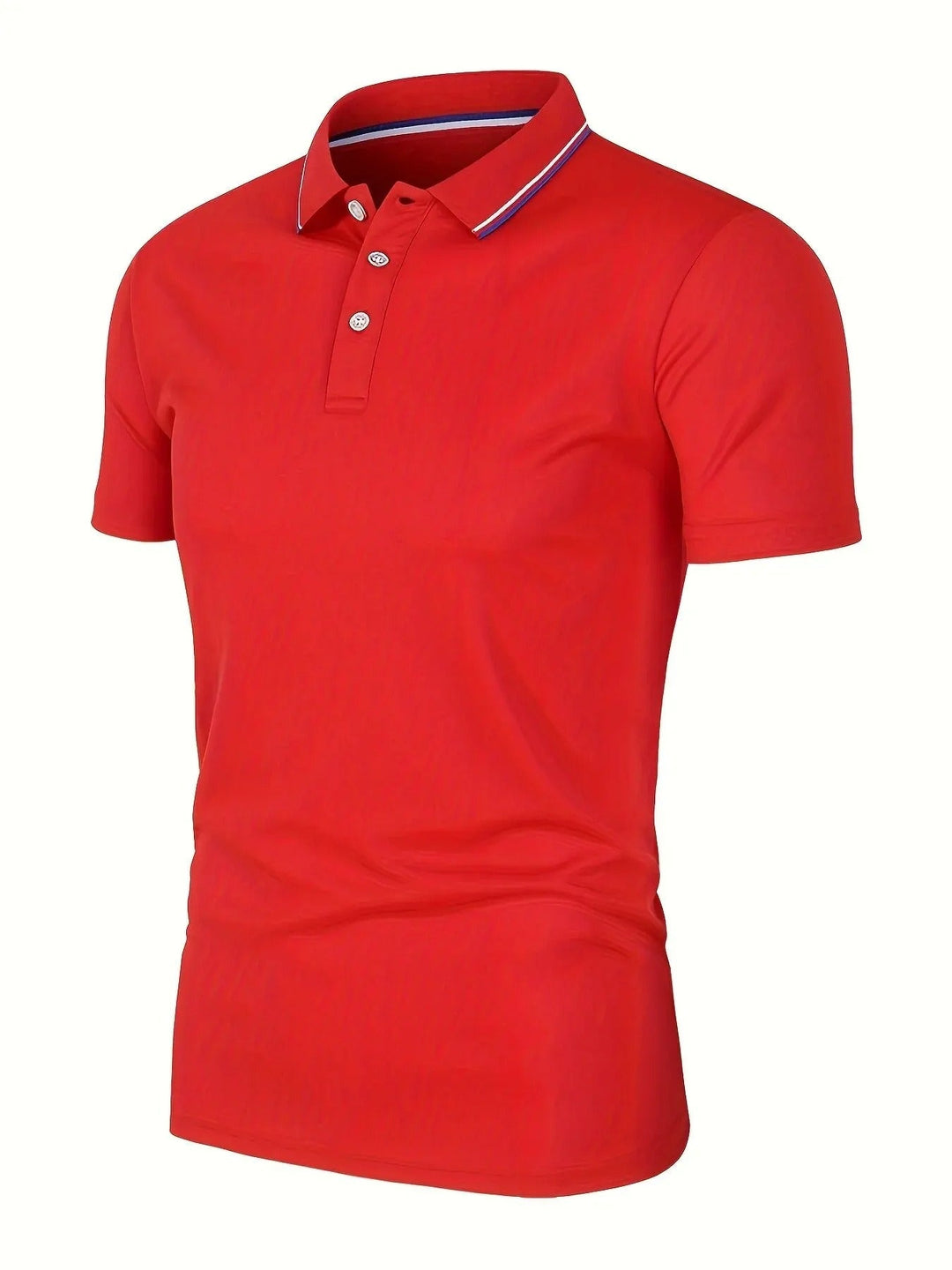 Red short-sleeve polo shirt shown at an angle, with a three-button placket and a blue and white striped collar. 6