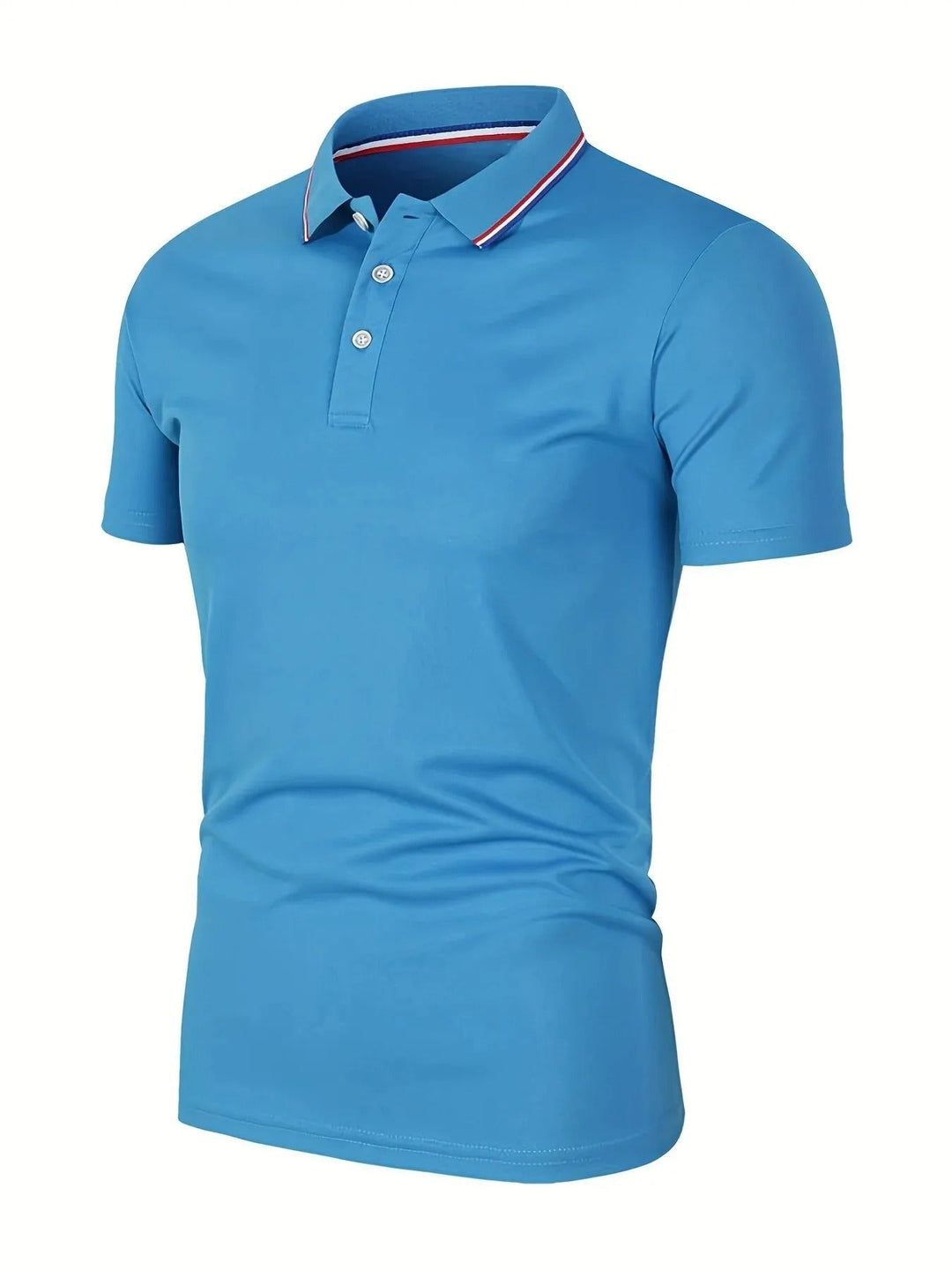 Light blue short-sleeve polo shirt shown at an angle, with a three-button placket and a red, white and blue striped collar. 7