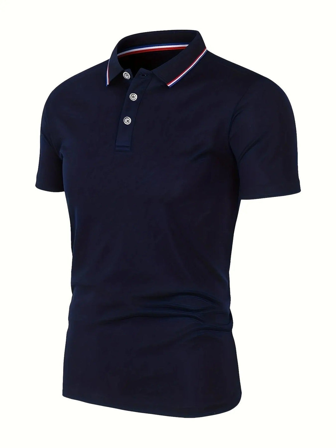 Navy short-sleeve polo shirt shown at an angle, with a three-button placket and a red, white and blue striped collar. 8