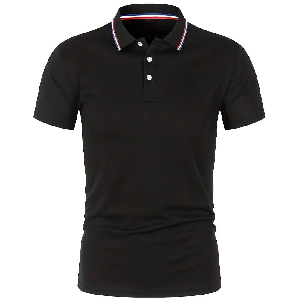Black short-sleeve polo shirt shown straight from the front, with white buttons and a red, white and blue striped collar. 9