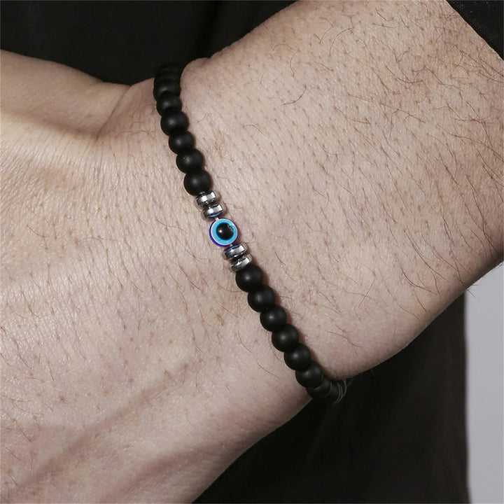 Men's 4mm Natural Stone Evil Eye Bead Bracelet - Thor-Black onyx-Nora Luxe