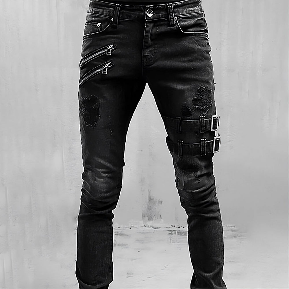 Men's Denim Jeans with Buckles and Zippers - TitanEdge-Black-S-Nora Luxe