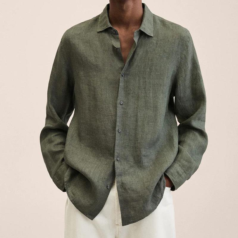 Men's linen shirt with long sleeves – Finn-Olive green-M-The Livary