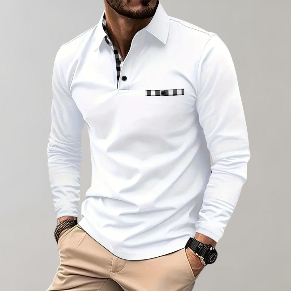 Men's Polo Shirt with Long Sleeves - Oliver-White-S-Nora Luxe