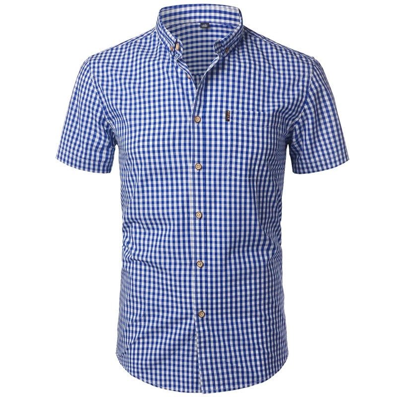 Front view of a royal blue and white gingham shirt with short sleeves, button-down collar and a pocket on the chest. 4