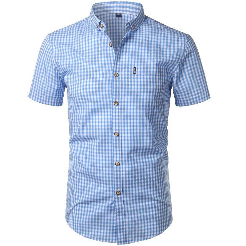 Front view of a light blue and white gingham shirt with short sleeves, button-down collar, chest pocket and wooden-look buttons. 1