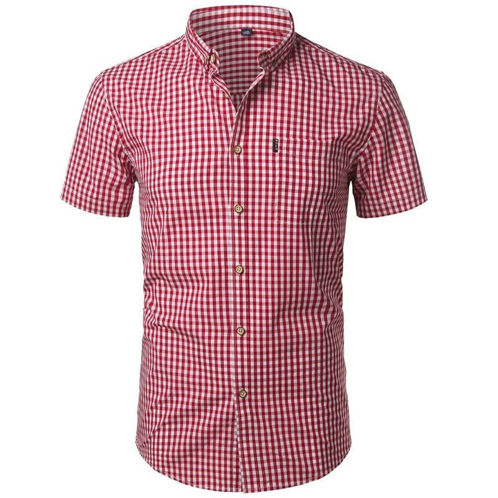 Straight front view of the red and white gingham shirt, buttoned up with a button-down collar and chest pocket. 16