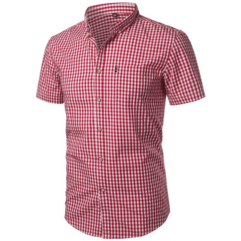 Angled front view of the red and white gingham shirt showing the chest pocket, button placket and short sleeves. 11