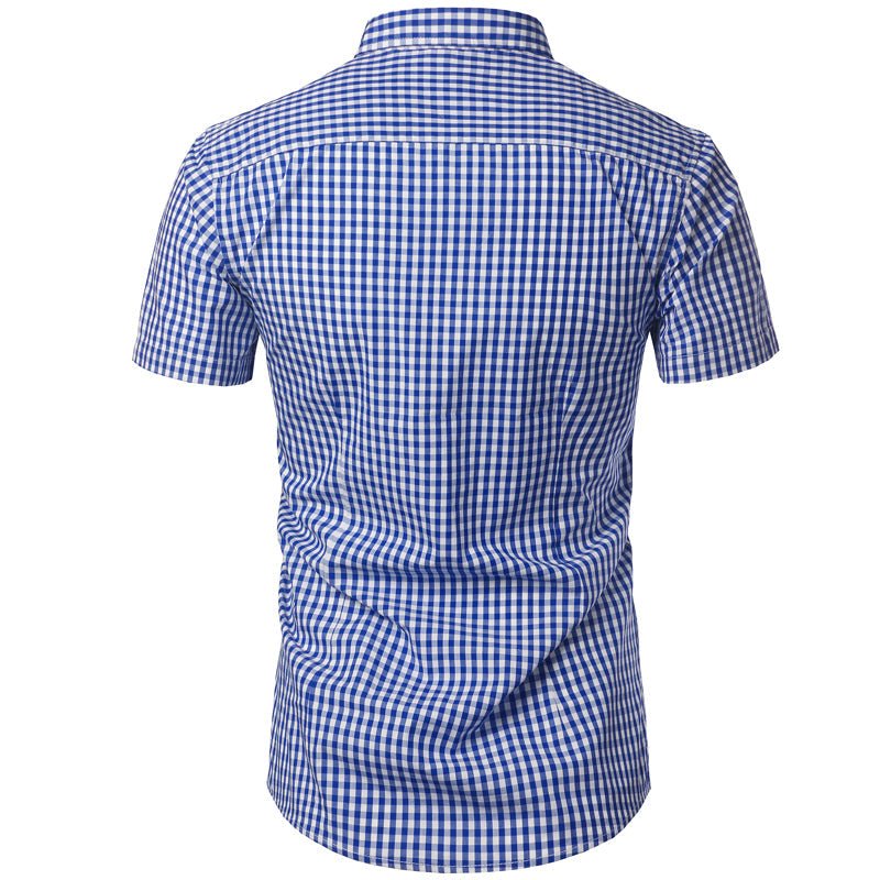Back view of the royal blue and white gingham shirt with a seamed yoke and short sleeves. 6