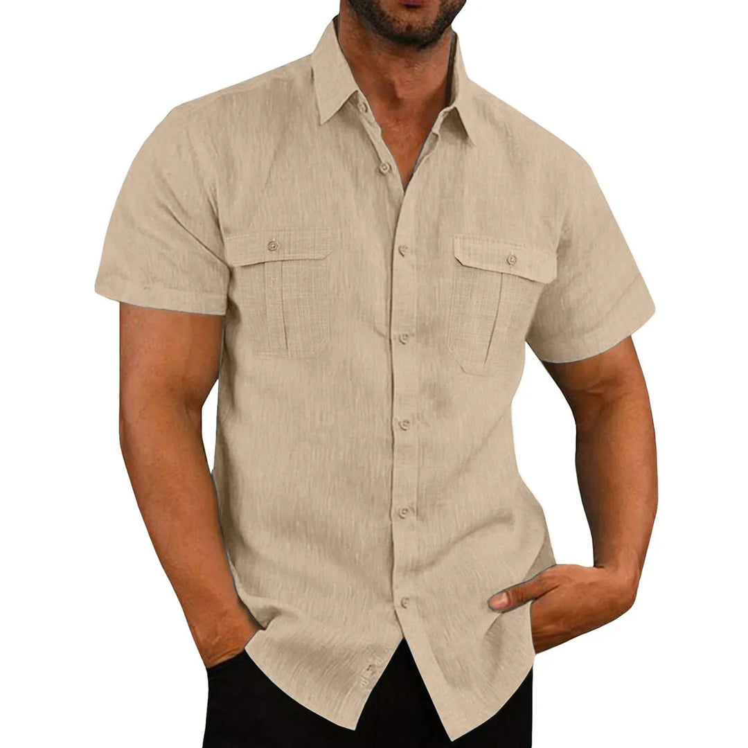 Men's Short-Sleeve Shirt with Chest Pockets and Kent Collar – Lennard-Beige-S-Nora Luxe
