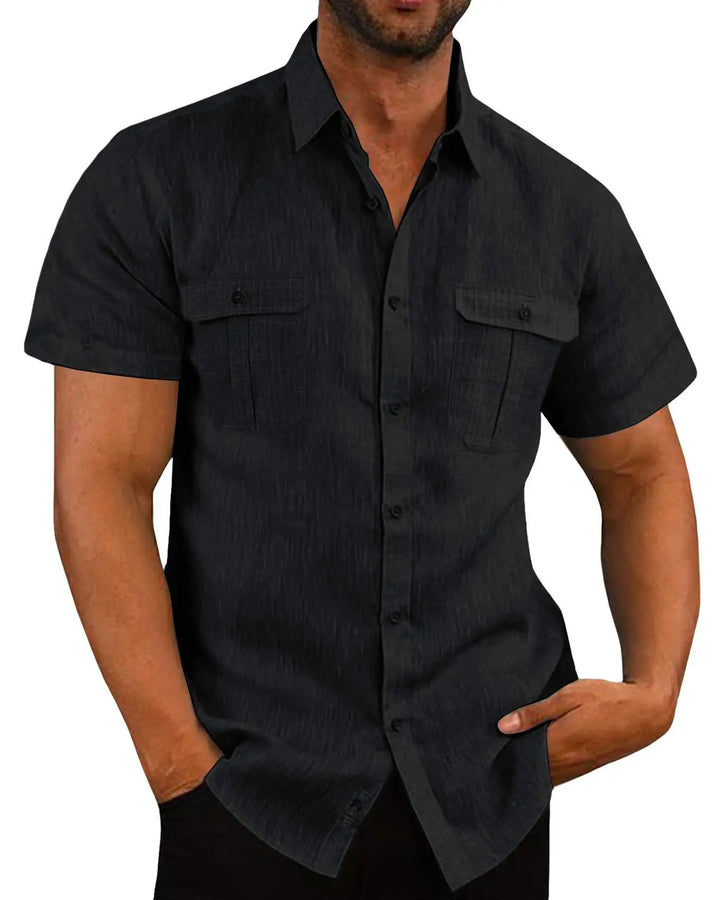Men's Short-Sleeve Shirt with Chest Pockets and Kent Collar – Lennard-Black-S-Nora Luxe