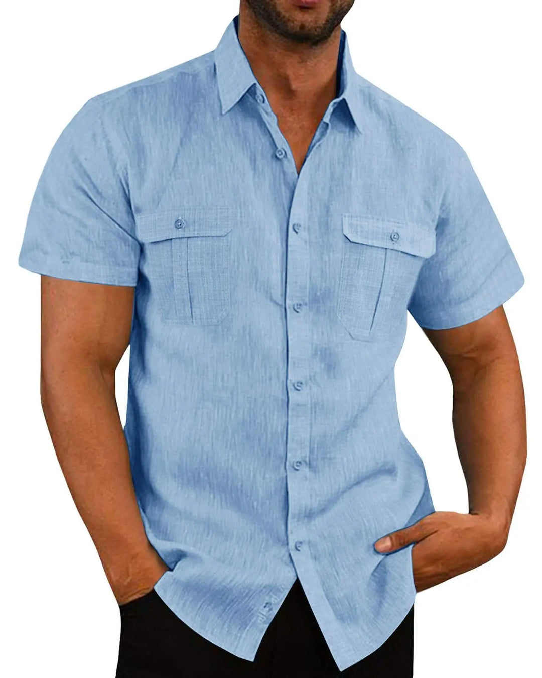 Men's Short-Sleeve Shirt with Chest Pockets and Kent Collar – Lennard-Blue-S-Nora Luxe
