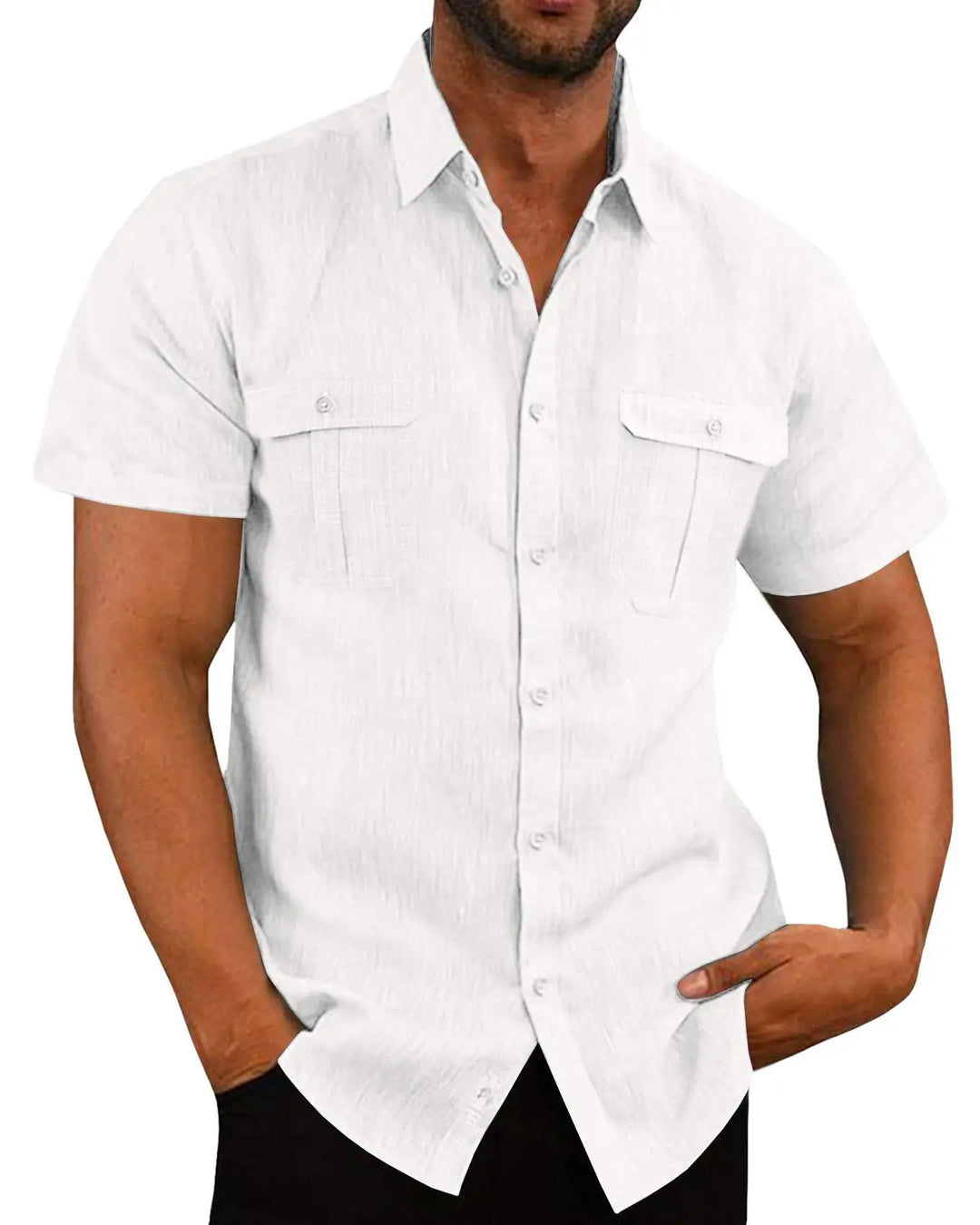 Men's Short-Sleeve Shirt with Chest Pockets and Kent Collar – Lennard-White-S-Nora Luxe