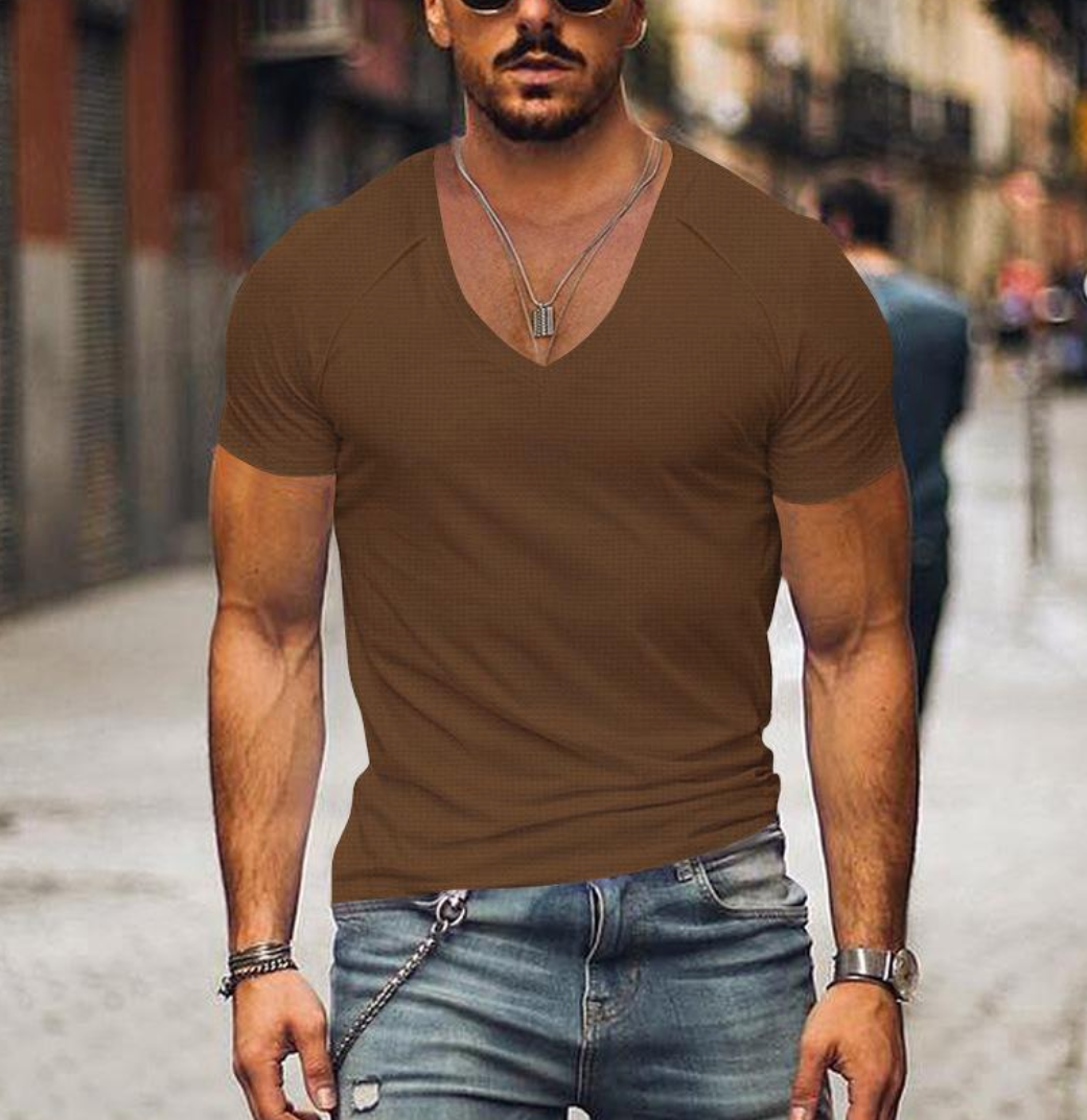 Men's T-Shirt with V-neck - Timo-Brown-XS-Nora Luxe
