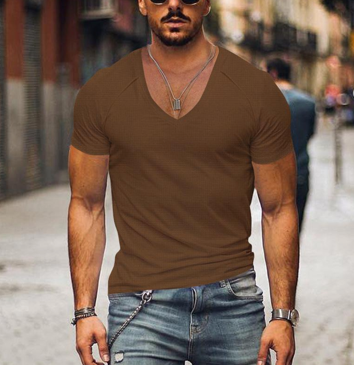 Men's T-Shirt with V-neck - Timo-Brown-XS-Nora Luxe