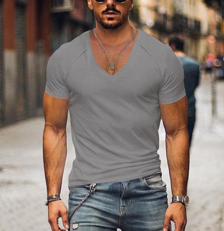 Men's T-Shirt with V-neck - Timo-Gray-XS-Nora Luxe