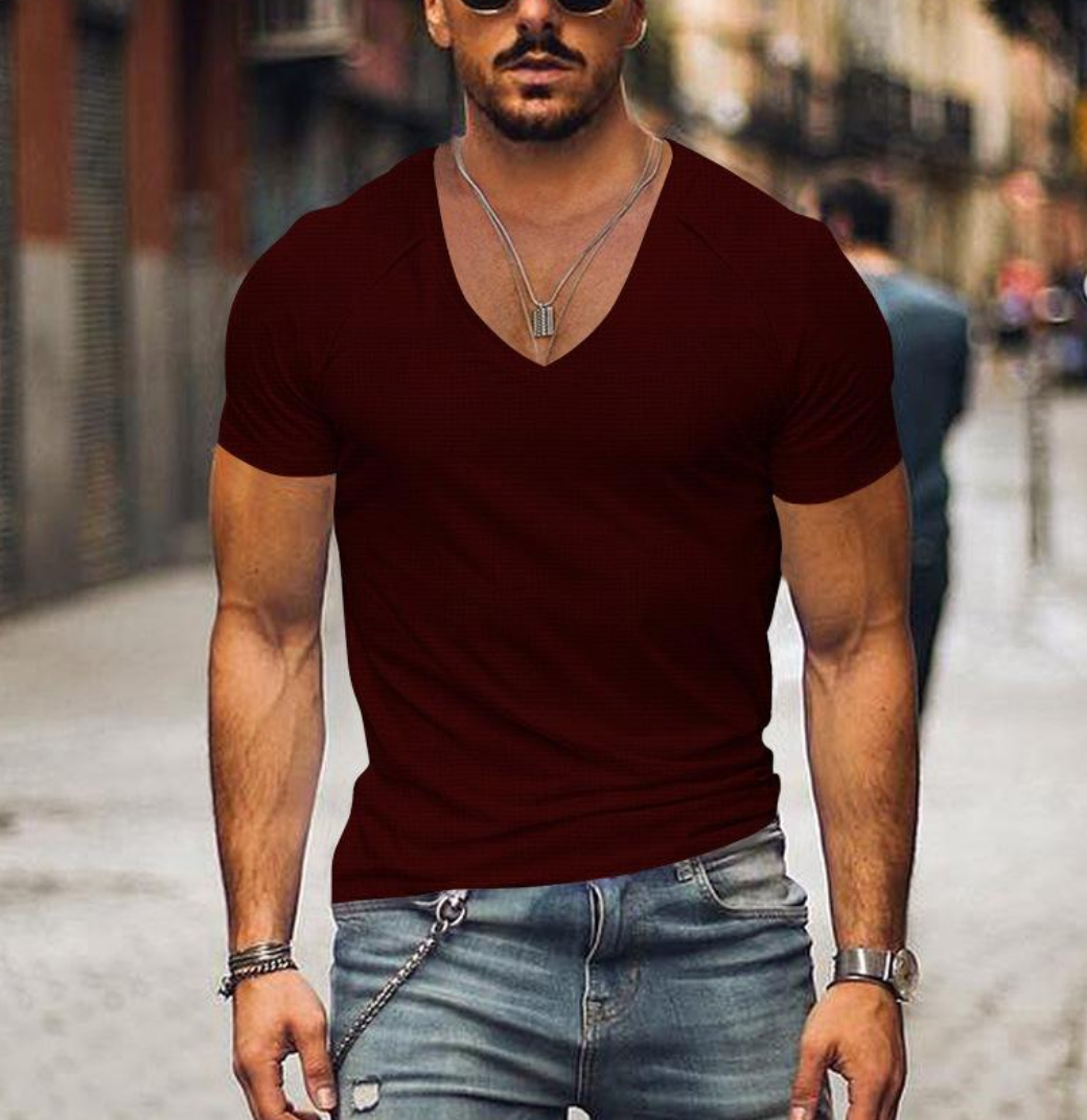 Men's T-Shirt with V-neck - Timo-Red-XS-Nora Luxe