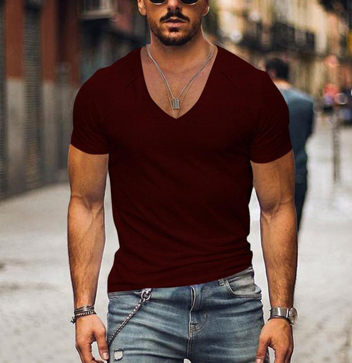 Men's T-Shirt with V-neck - Timo-Red-XS-Nora Luxe