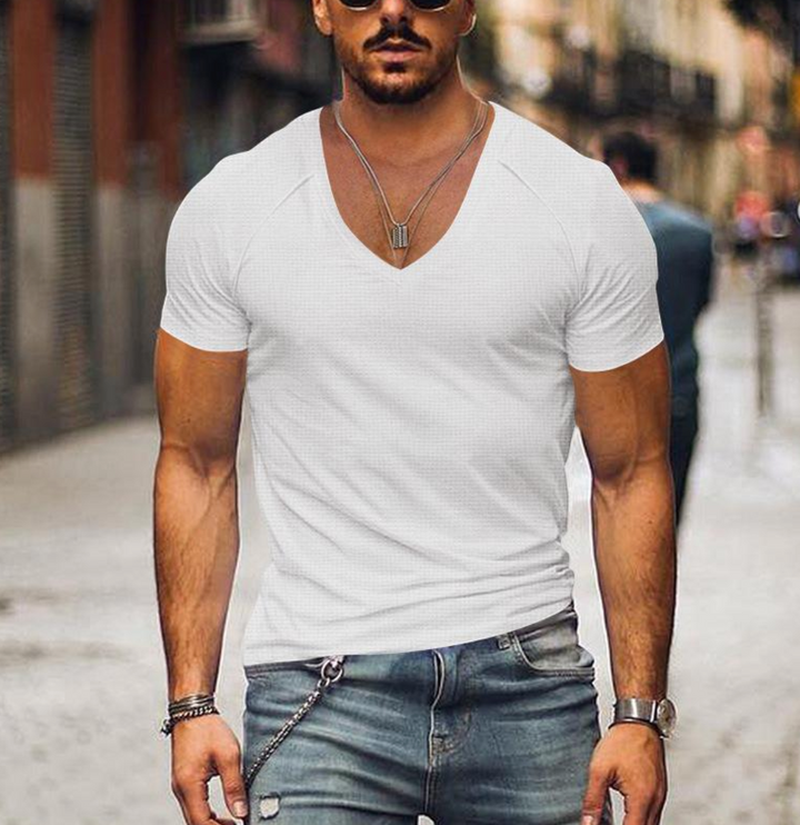 Men's T-Shirt with V-neck - Timo-White-XS-Nora Luxe