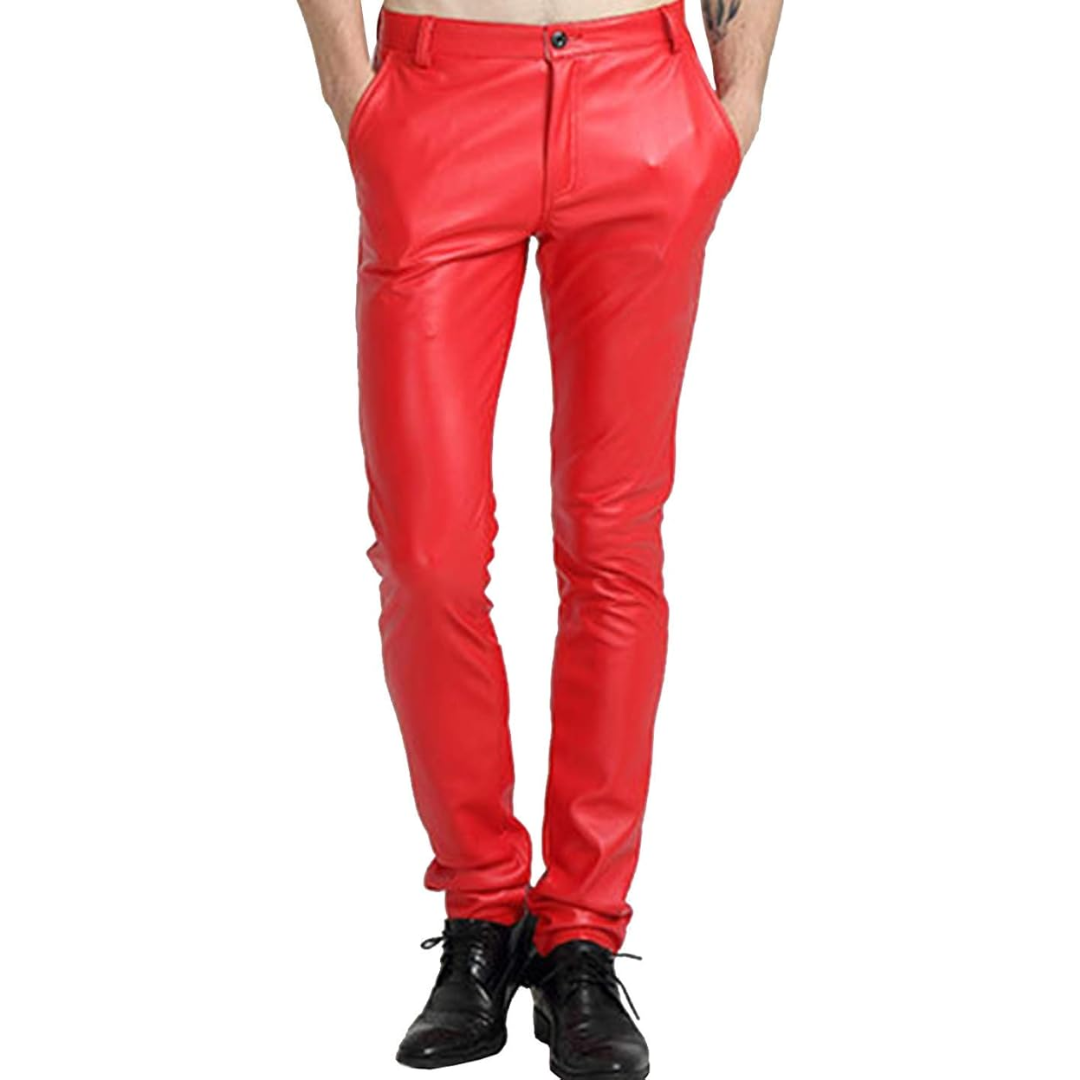 Men's Tapered Faux Leather Biker Trousers - Victor-Red-28-Nora Luxe