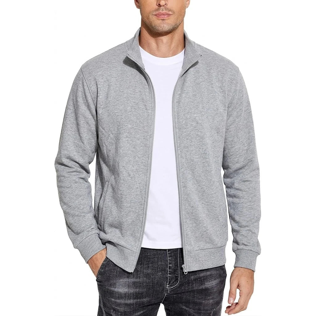 Men's light gray heathered zip jacket, front view with the zipper pull visible at the bottom.