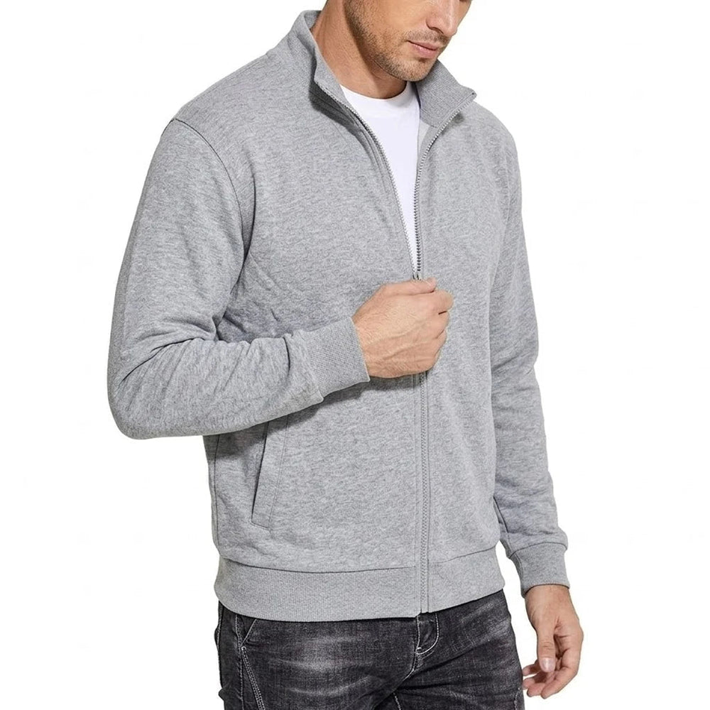 Men's light gray heathered zip jacket, three-quarter side view with ribbed cuffs and hem.