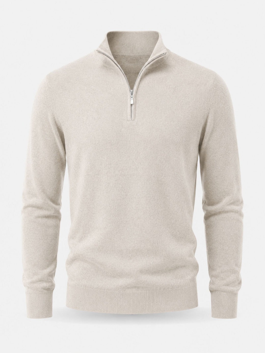 Flat front view of the cream quarter-zip knit sweater with stand collar, silver zipper, ribbed cuffs and ribbed hem.