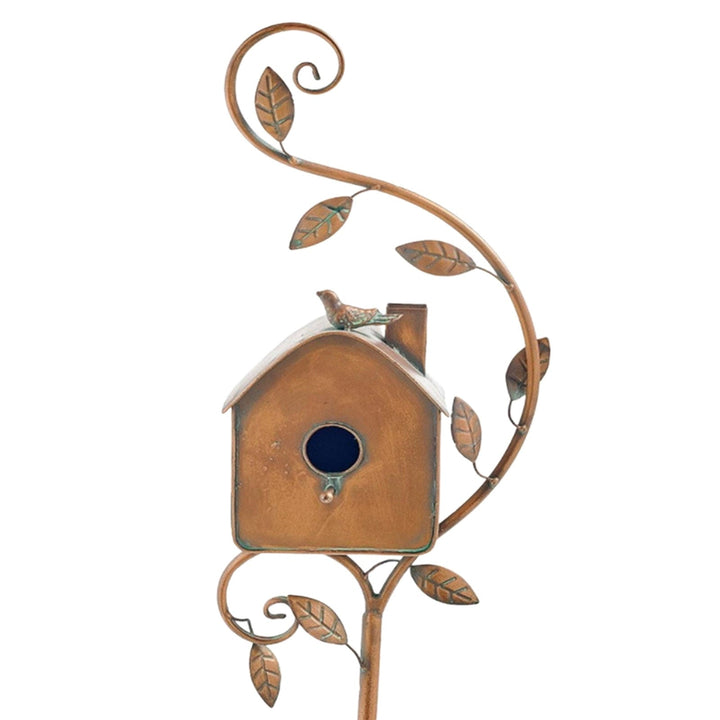 Metal Art Birdhouse on Garden Stake - FeatherNest-House with chimney-Nora Luxe