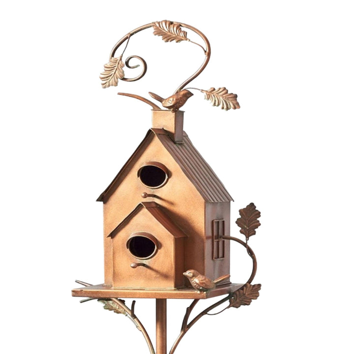 Metal Art Birdhouse on Garden Stake - FeatherNest-House with double triangular roof-Nora Luxe