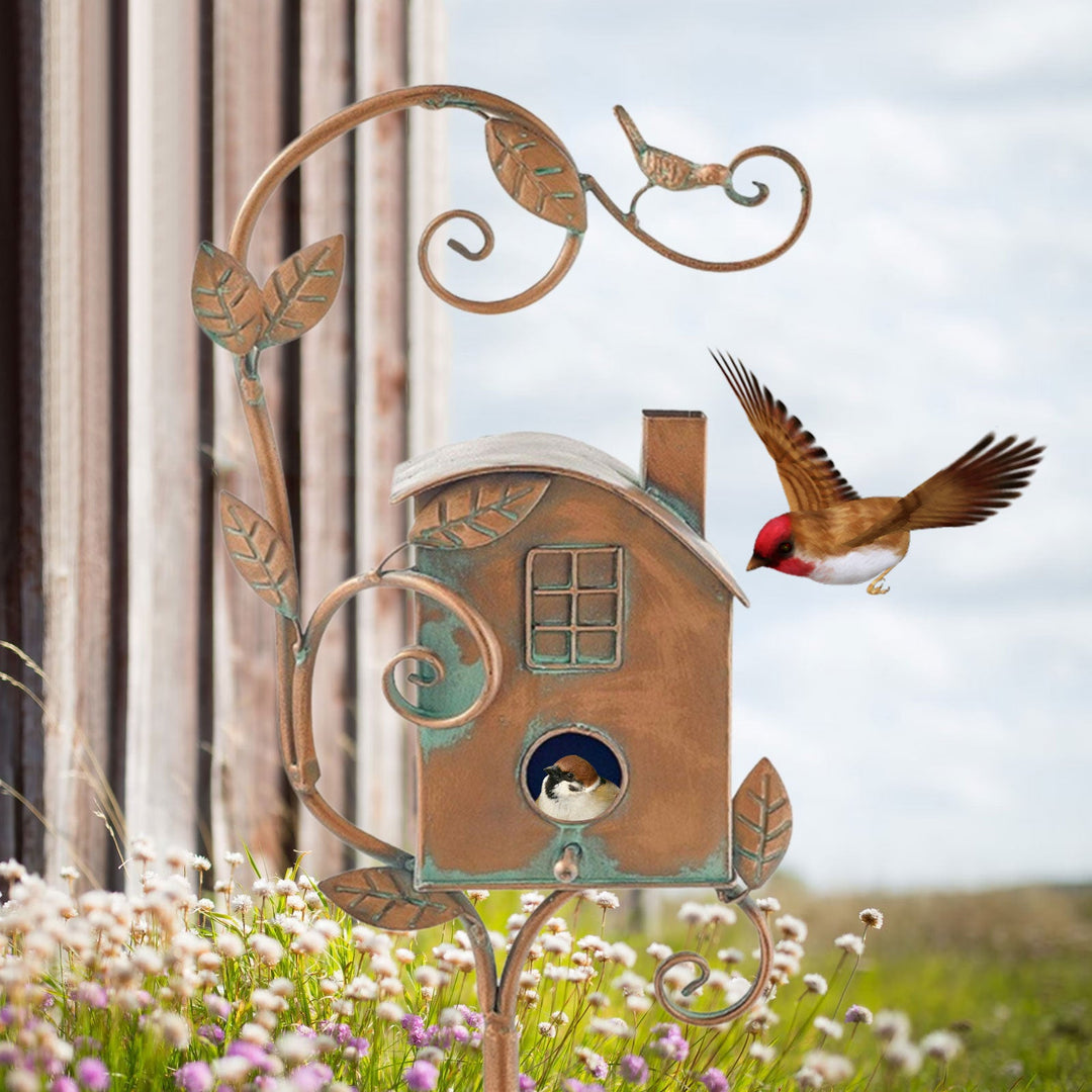 Metal Art Birdhouse on Garden Stake - FeatherNest-House with fireplace and window-Nora Luxe