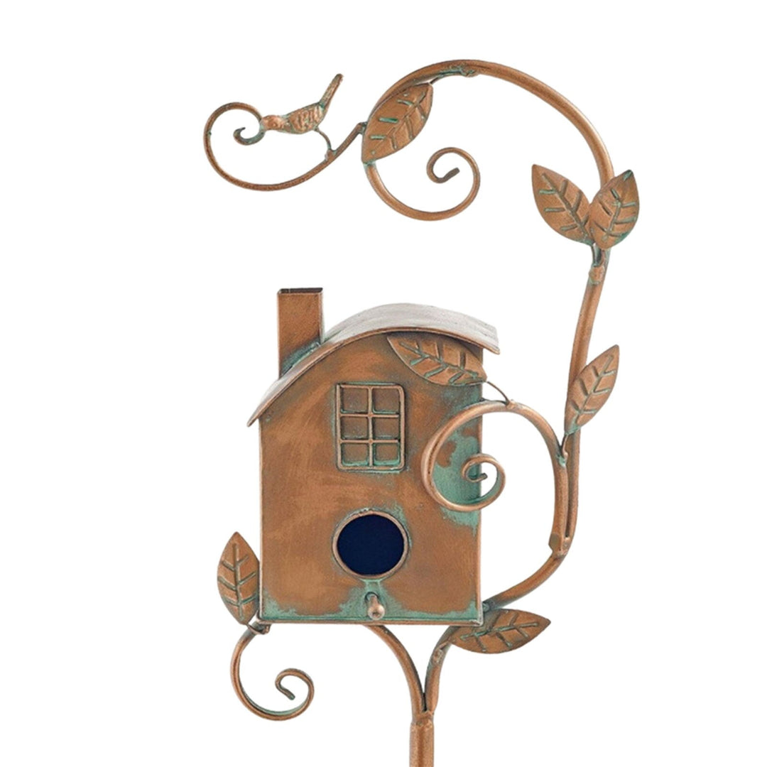 Metal Art Birdhouse on Garden Stake - FeatherNest-House with fireplace and window-Nora Luxe