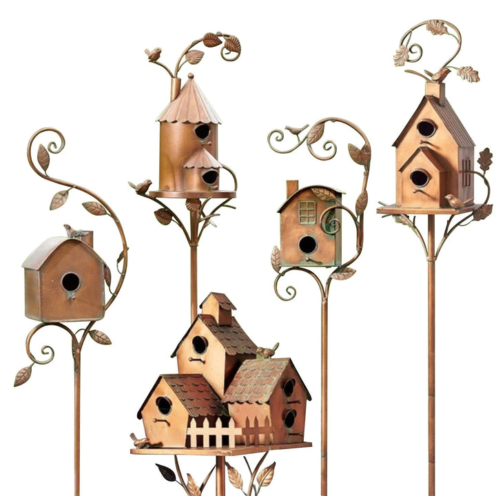 Metal Art Birdhouse on Garden Stake - FeatherNest-House with fireplace and window-Nora Luxe
