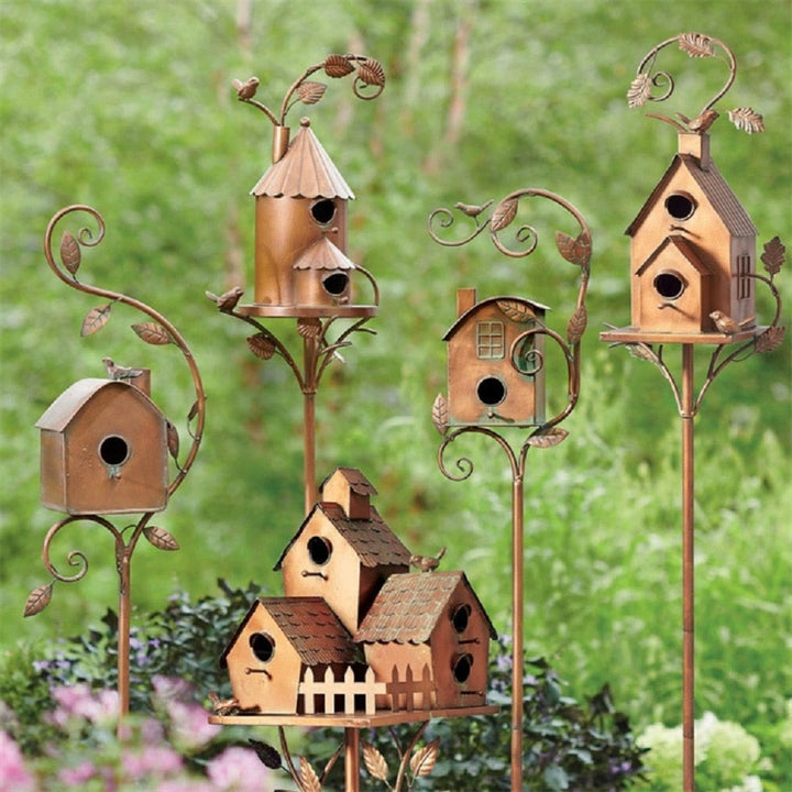 Metal Art Birdhouse on Garden Stake - FeatherNest-House with fireplace and window-Nora Luxe