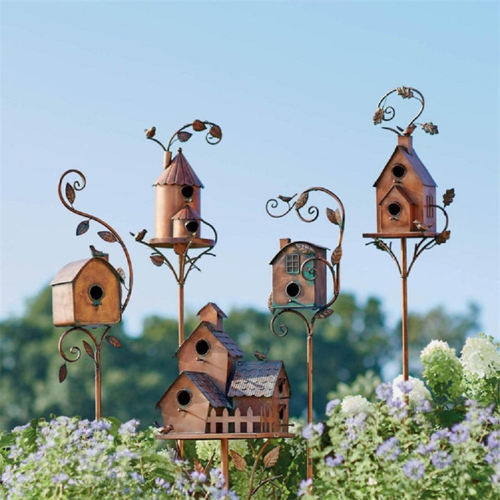 Metal Art Birdhouse on Garden Stake - FeatherNest-House with fireplace and window-Nora Luxe