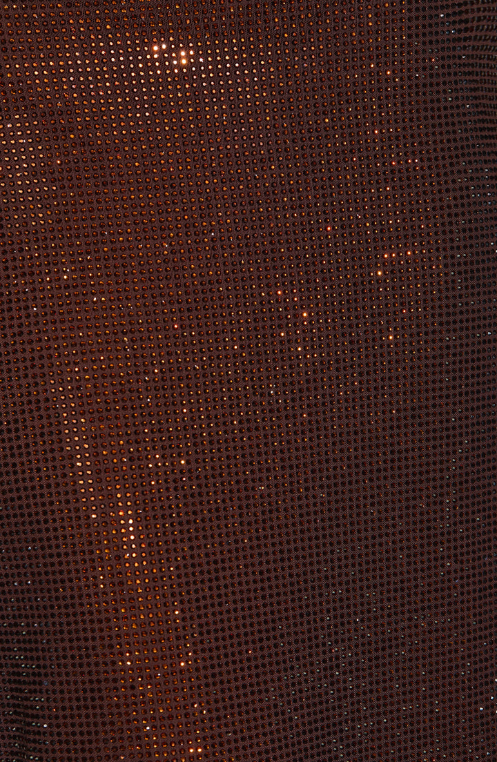 Detail of the brown rhinestone mesh fabric, showing the dense grid of small sparkling stones 9