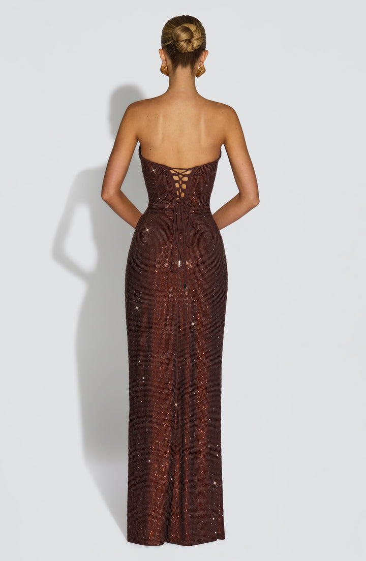 Back view of the brown dress with the corset lace-up closure and ties falling down the skirt 8