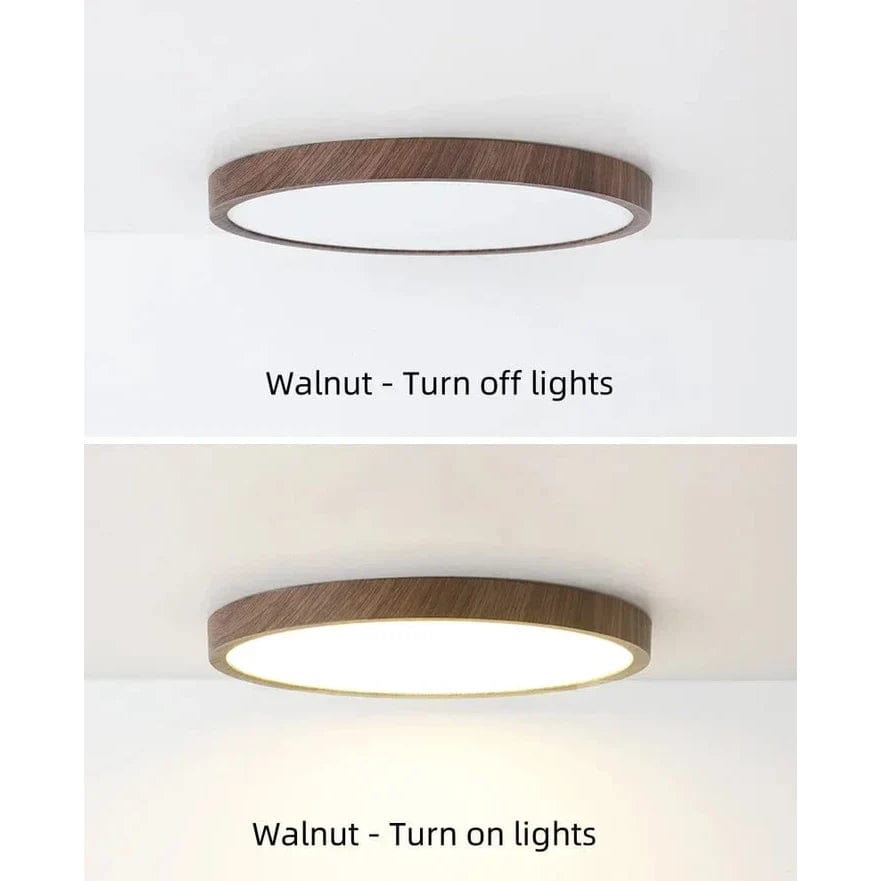 Walnut-finish round ceiling light, another view, shown off and lit on a ceiling.