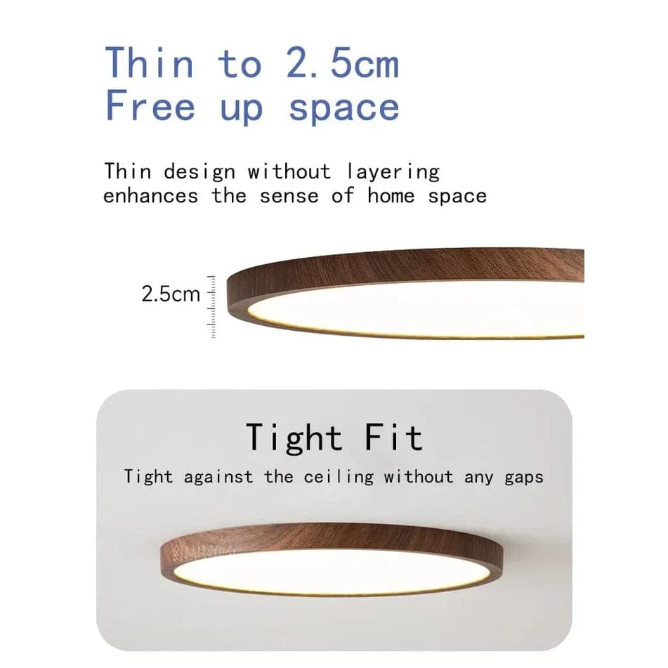 Side profile of the slim wood-finish round ceiling light showing its 2.5 cm thickness.