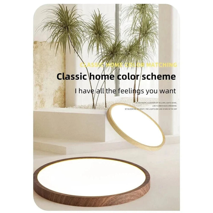 Lifestyle scene with a walnut-finish and a light wood-finish round ceiling light in a bright room.