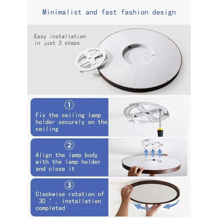 Three-step installation guide for the walnut-finish round ceiling light.