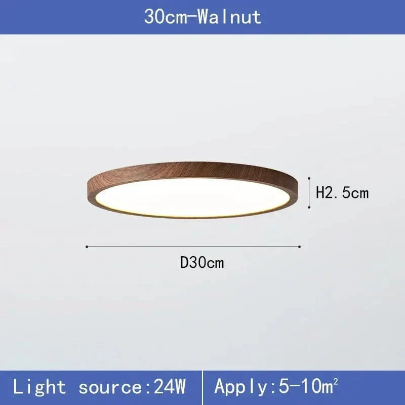 Dimension diagram of the 30 cm walnut-finish ceiling light with 24W rating and suggested room size.