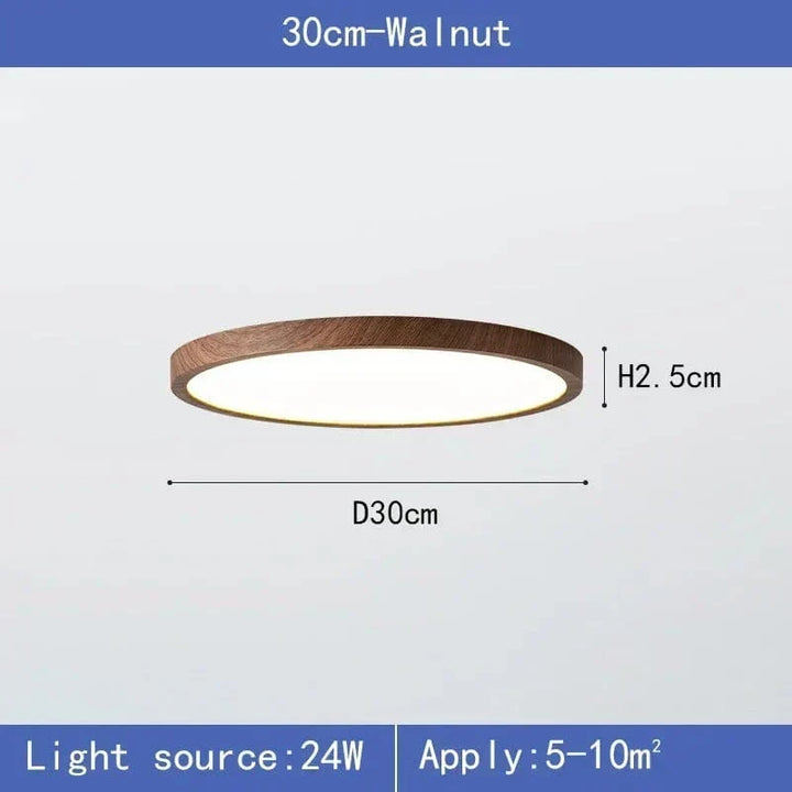 Dimension diagram of the 30 cm walnut-finish ceiling light with 24W rating and suggested room size.