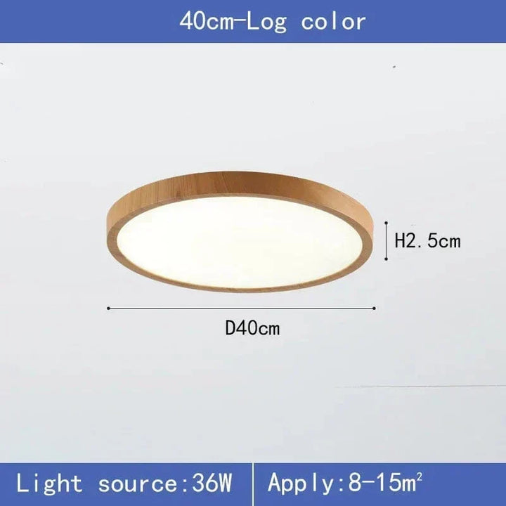 Dimension diagram of the 40 cm light in the lighter log wood finish with 36W rating and room size.