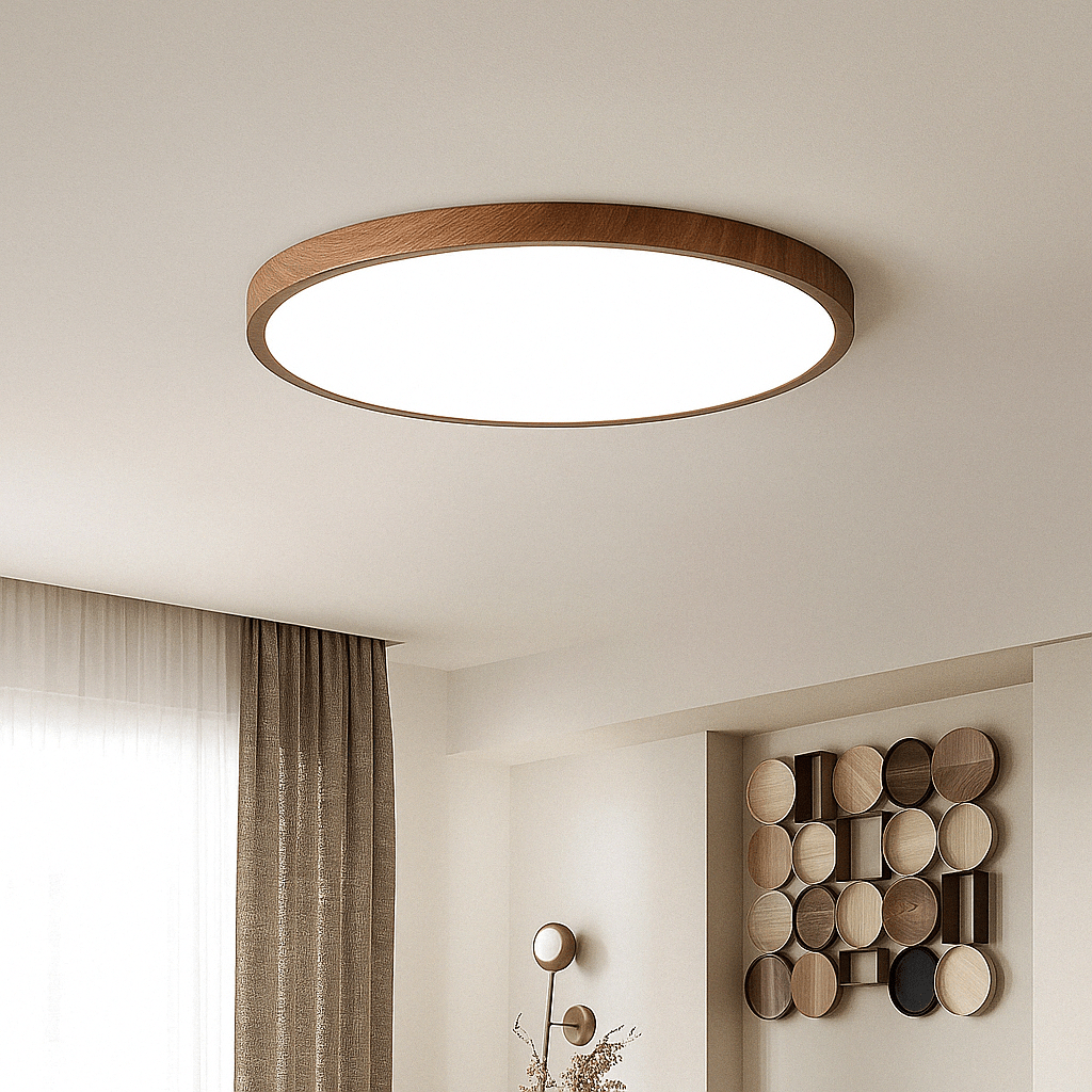 Large round walnut-toned ceiling light in a living room with beige curtains and wooden wall decor.