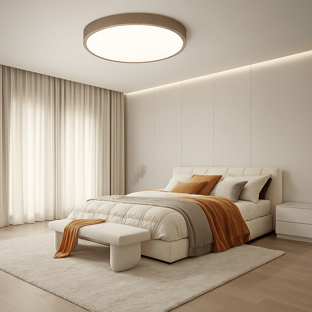 Round wood-finish ceiling light above a bed in a calm bedroom.