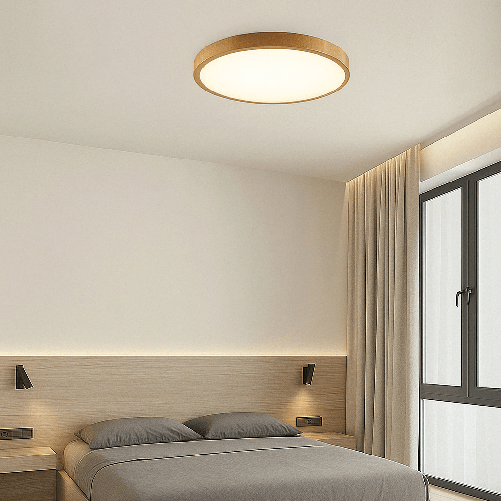 Light wood-finish round ceiling light above a bed with gray pillows and a wooden headboard panel.