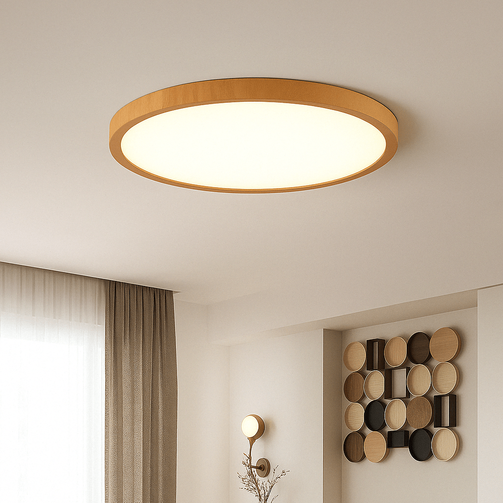 Honey-toned wood-finish round ceiling light in a living room with curtains and circular wooden wall art.