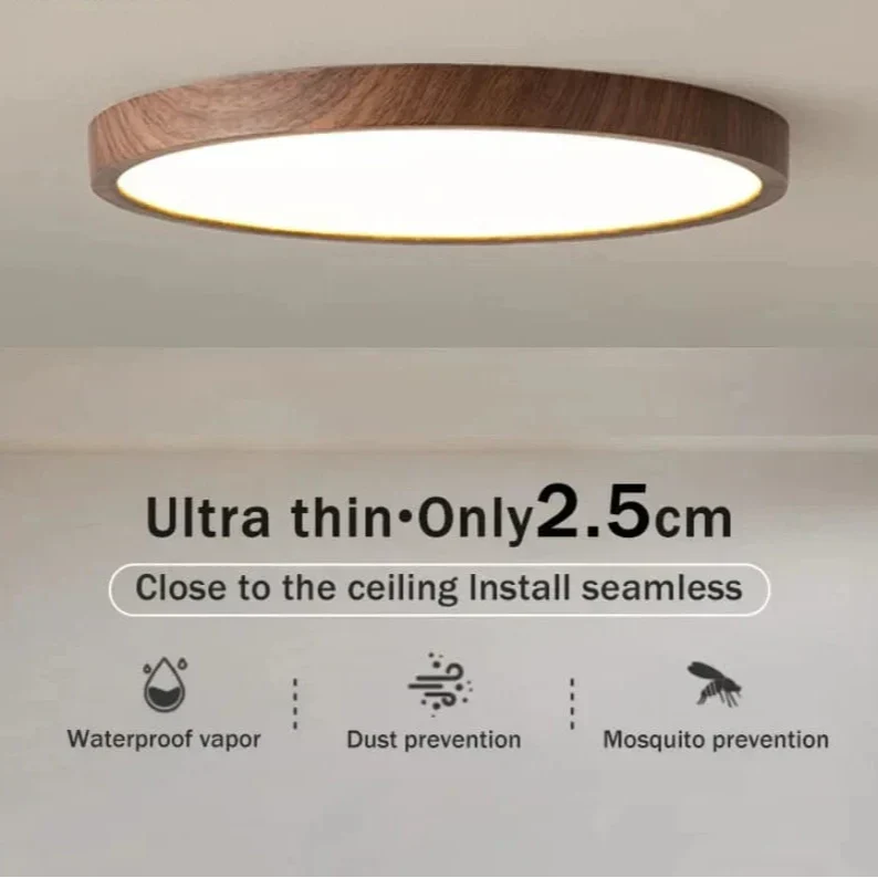 Walnut-finish ceiling light mounted flush against the ceiling with vapor, dust and mosquito resistance icons.