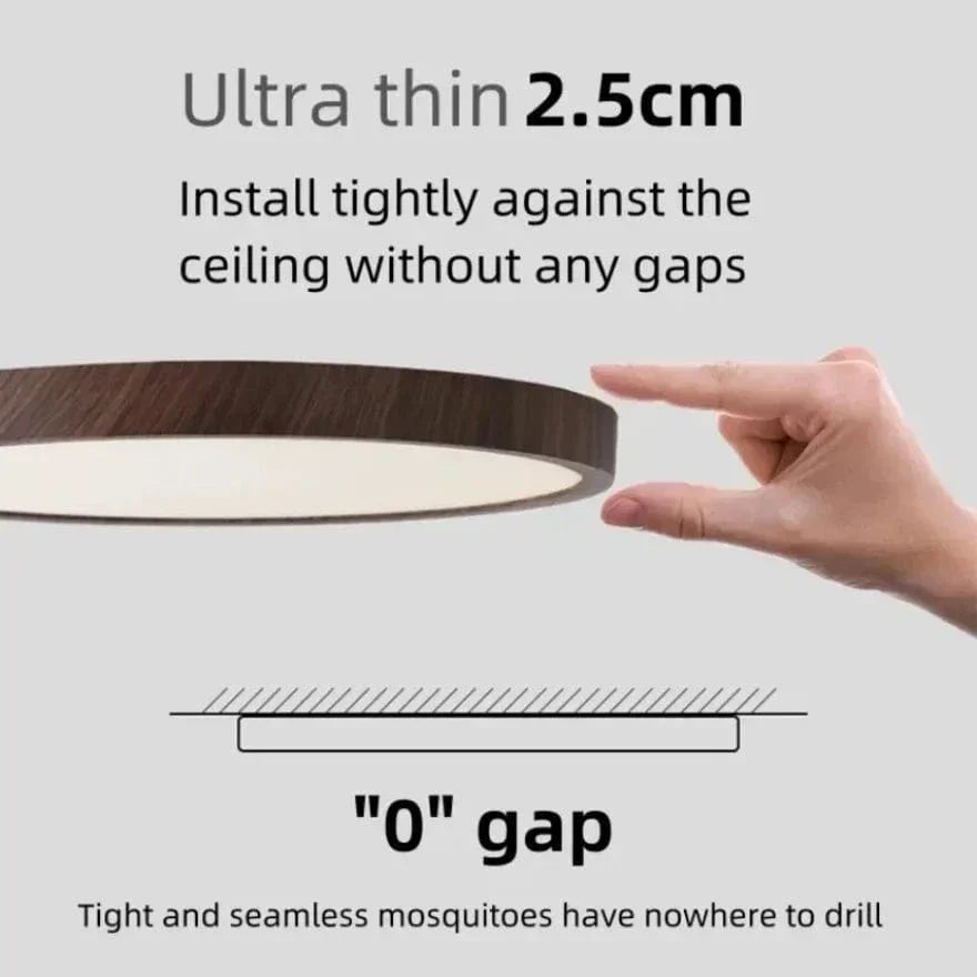 Fingers pinching the thin edge of the walnut-finish light with a diagram showing zero gap against the ceiling.